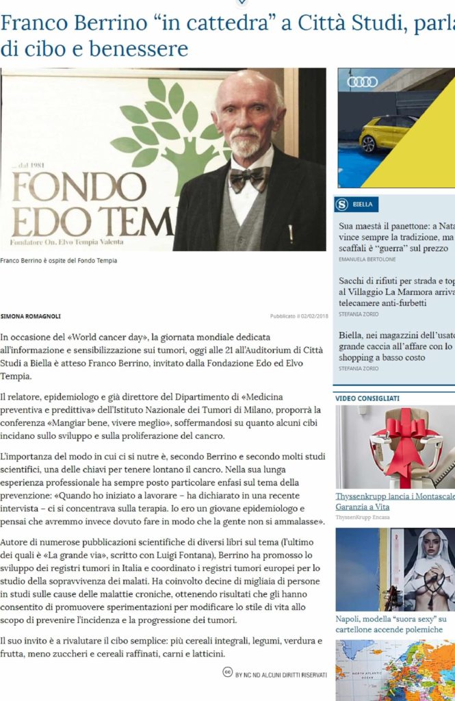 Franco Berrino “in cattedra” a Città Studi, parla di cibo e
